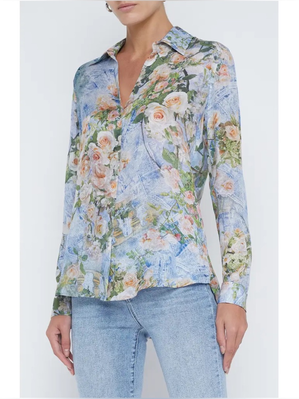 L’Agence Nina Silk Blouse In Multi Floral Denim Long Sleeves Button Up Size XS
